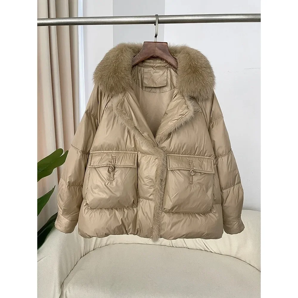

Women Korean Style Loose Casual Down Jacket Autumn Winter Fashion Fox Fur Collar Spliced 90% White Duck Down Thickened Warm