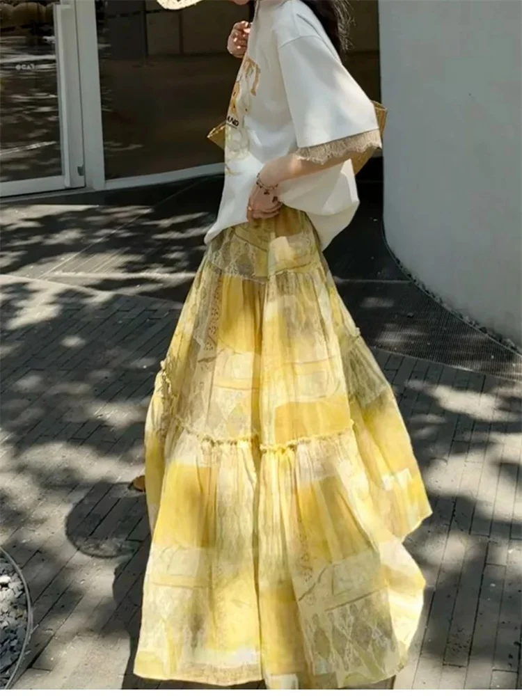 Sweet Summer Floral Print A-Line Midi Skirt High Waist Yellow Polyester Fiber Women's Premium Fashion Commute Style Skirts