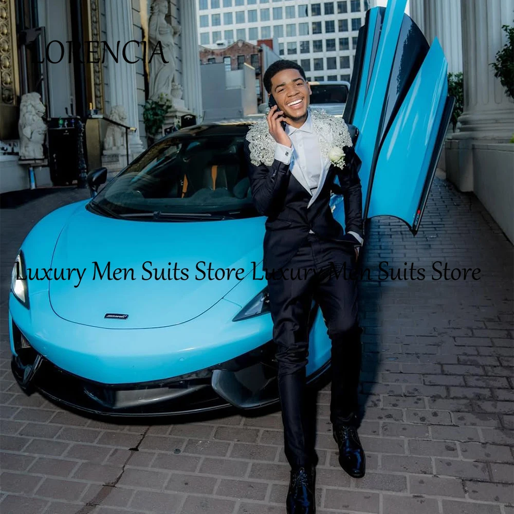 

Elegant Applique Suits for Men 2 Pieces Set Wedding Party Groom Tuxedos Prom Wear Customized Blazer Pants trajes para hombre