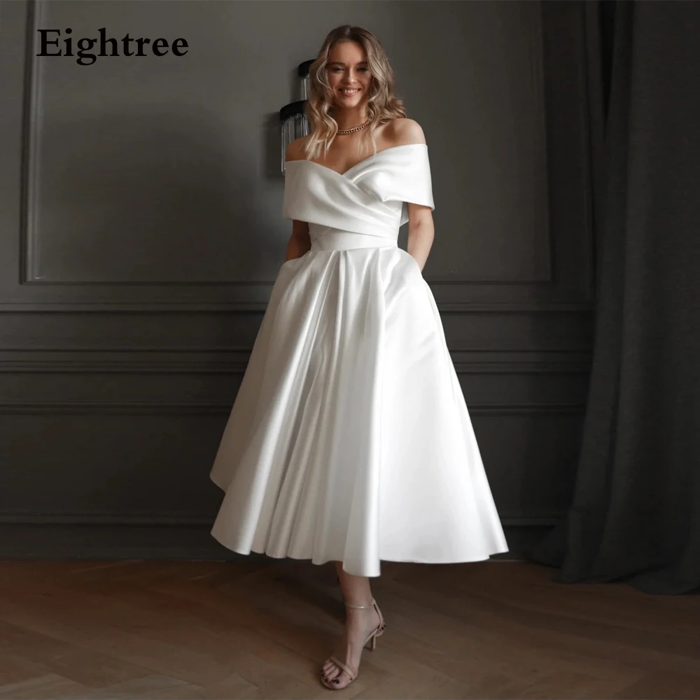 

Eightree Midi Wedding Dresses Woman Elegant Off the Shoulder Bride Dress Tea Length Bridal Gowns A Line Wedding Party Dress