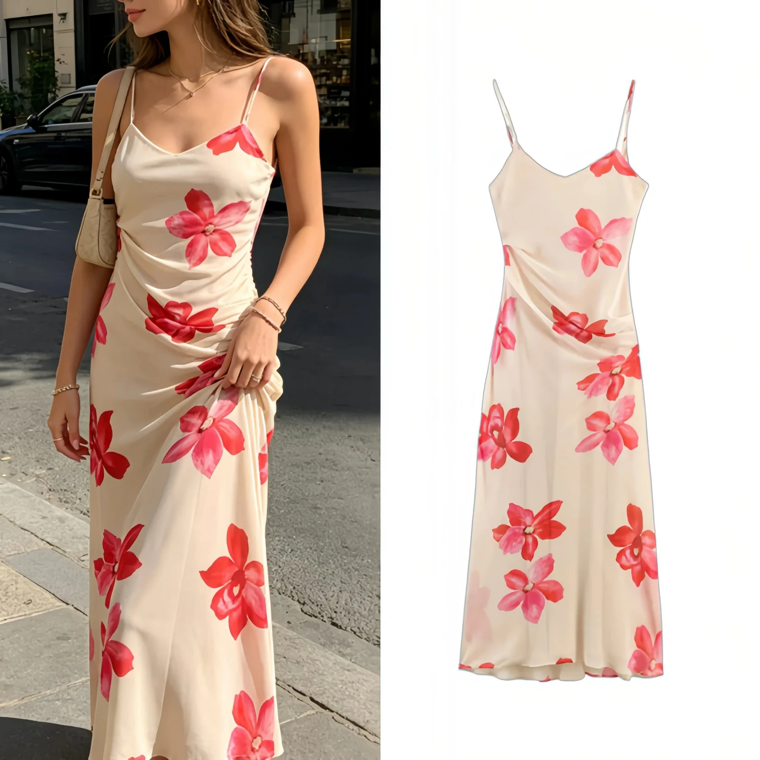 Verspieltes Blumen-Trägerkleid 2026 Sommer Damen Urlaub Strand Boho Slim Fit Elegantes Bedrucktes Maxikleid für Damen