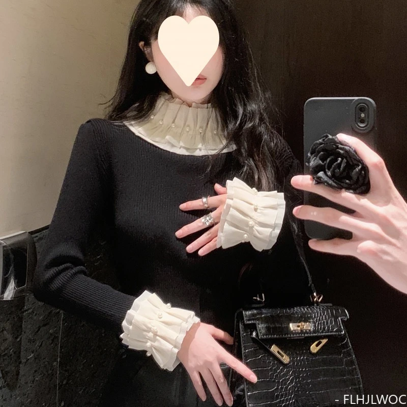 Turtleneck Tops 2024 Spring Basic Wear Jumper Pullovers Slim Patchwork Flare Sleeve Beaded Ruffles Knitting Sweaters