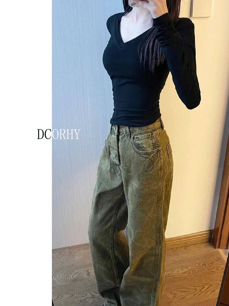 Brown Jeans Women High Waist American Plus Size Wide Leg Pants Vintage Straight Baggy Casual Denim Trousers Mom Oversize Pants