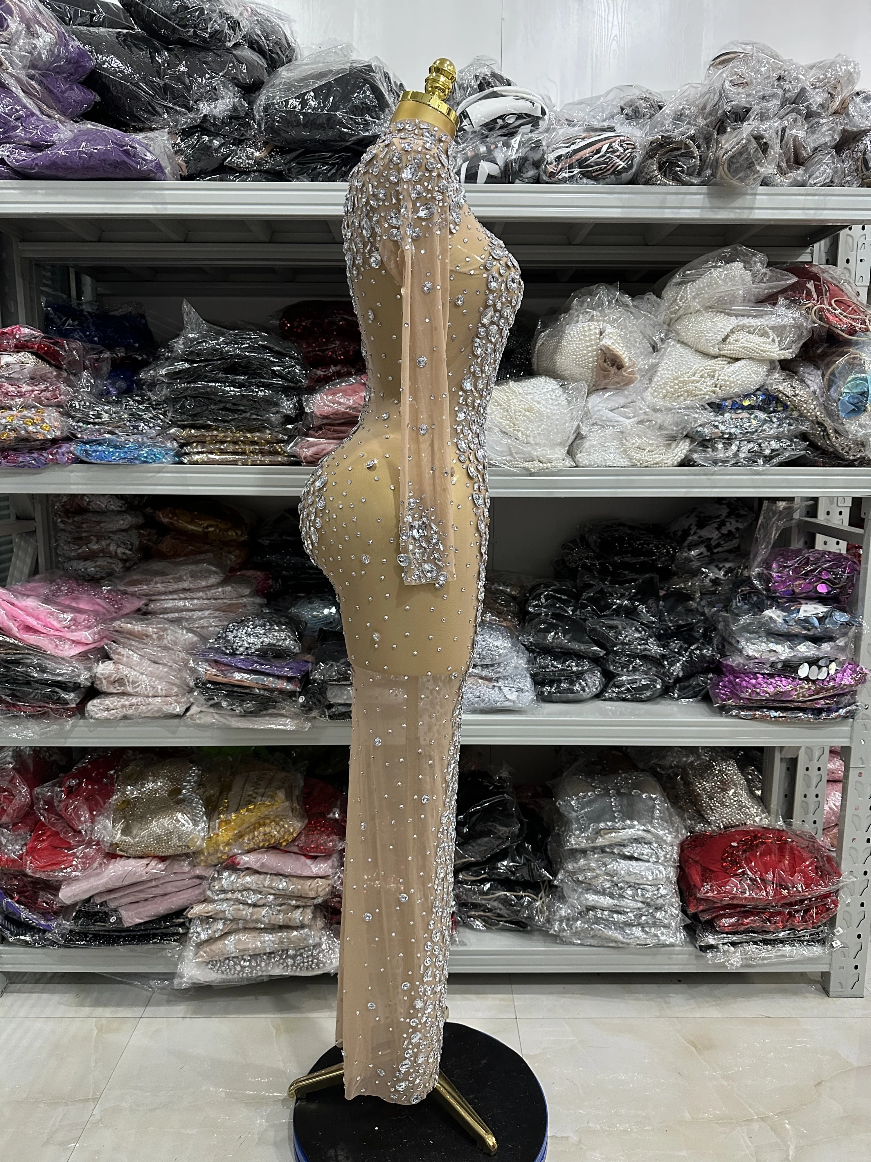 Top Quality Women Long Sleeve Big Crystal Mesh See Through Bodycon Long Gowns Dress Evening Party Celebrate Birthday Wear