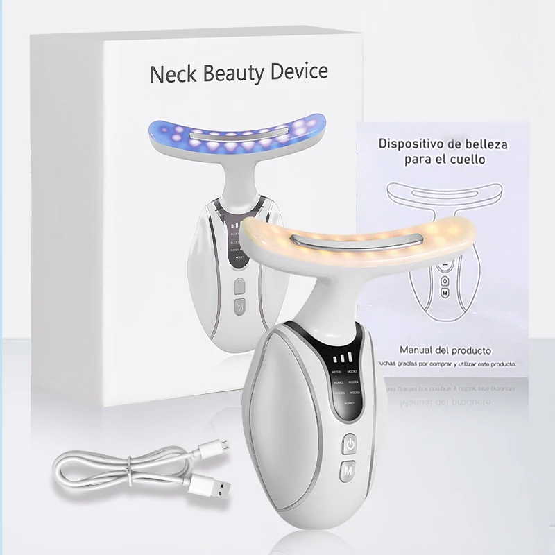 مدلك الوجه مع وظيفة التسخين - هدية عيد الميلاد لجهاز تجميل الوجه للرقبة الصغيرة EMS للعناية بالبشرة بـ 7 ألوان