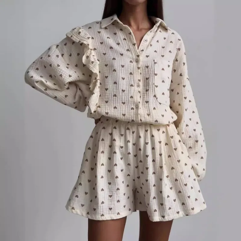 Summer Casual Home Wear Heart-shaped Printed Long-sleeved Tops Shorts Suit Women's Loose Lapel Shirt Women's Cotton Pajamas