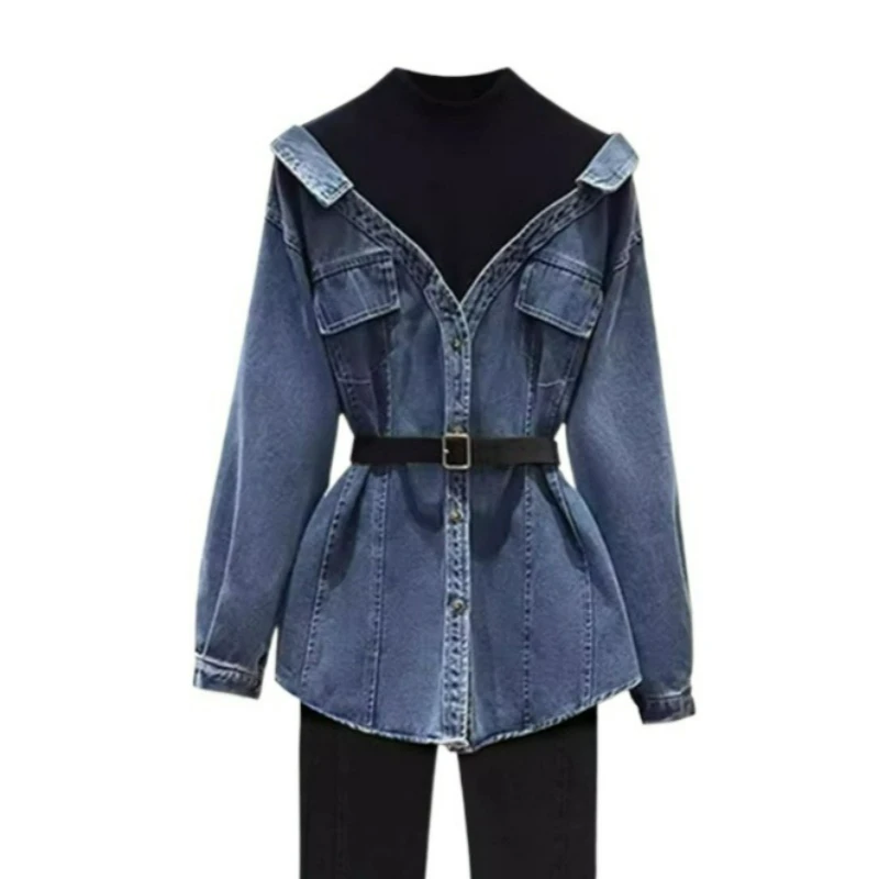 قميص دينم عصري مكون من قطعتين لربيع وخريف 2026 قميص دينم تنحيف الخصر للفتيات السمينات