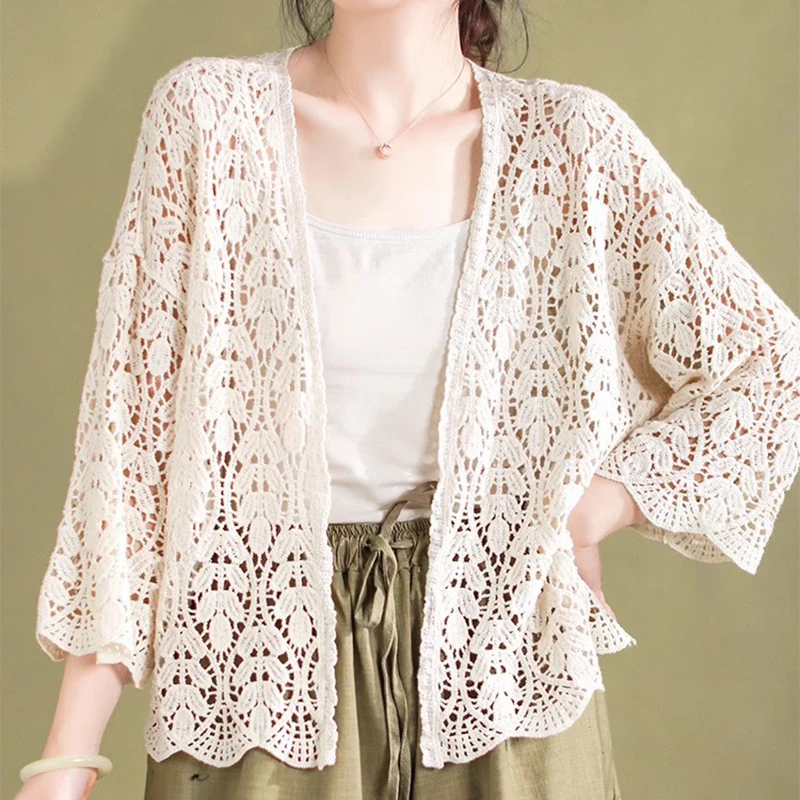 Women Crochet Cardigan Tops Hollowed Open Front 3/4 Sleeve Sun Protection Shirts Casual Beach Cover ups Summer Streetwear