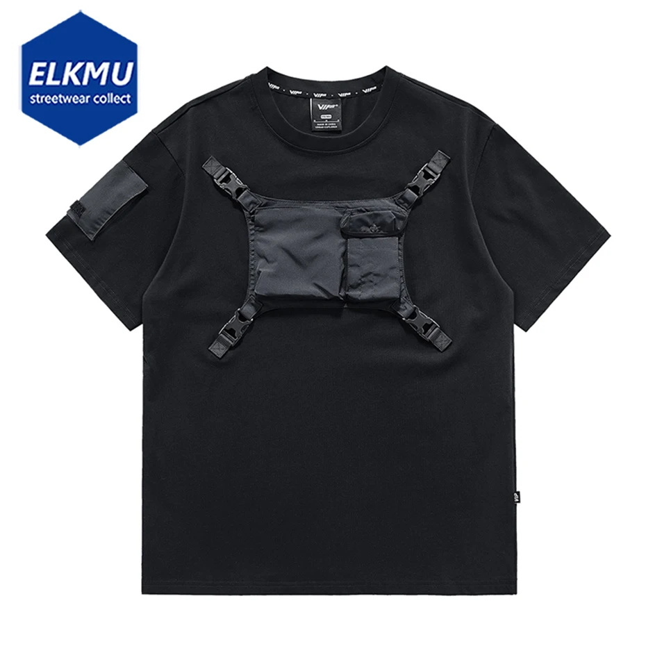 Men Techwear Hip Hop T Shirt Chest Bag Oversized Streetwear Harajuku Tshirt Black Tooling Top Tee Cotton Short Sleeve