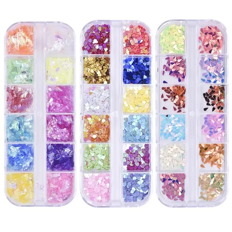 12Case/Box Multi-Size Nails Rhinestones Decoration Nails Colorful Glitter Flakes Sequin DIY Handmde Nails Design