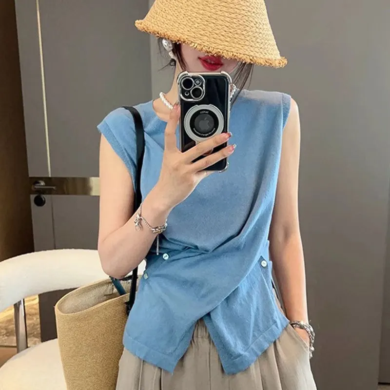 Summer Sleeveless T Shirt Women Lightweight Solid Color Knit Vest Unique Irregular Design  Casual Round Neck Women Clothing