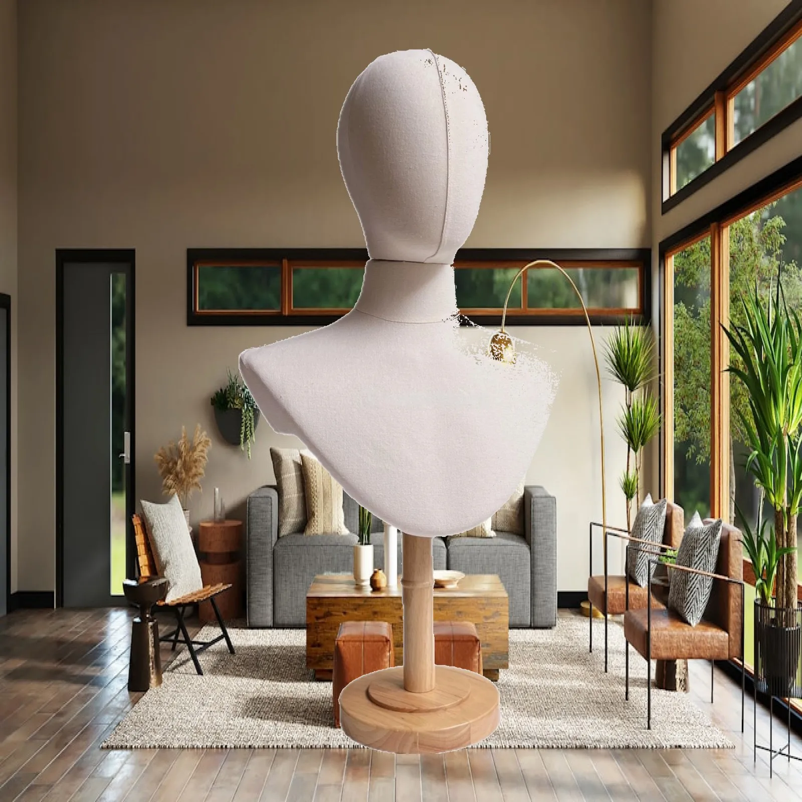 Cloth Covered Bust Mannequin Display Head with Round Wooden Base and Height Adjustment for Hat Scarf Display