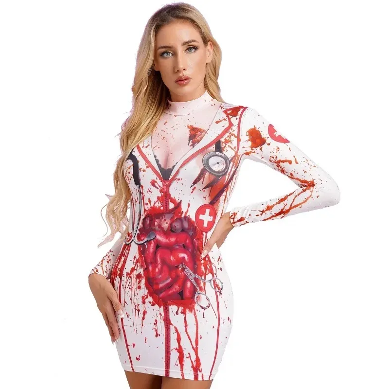 Halloween Cosplay Costume Adult Nurse Party Gothic Dress Skeleton Print Women Long Sleevele Dress Carnival Fancy Dress Up Party