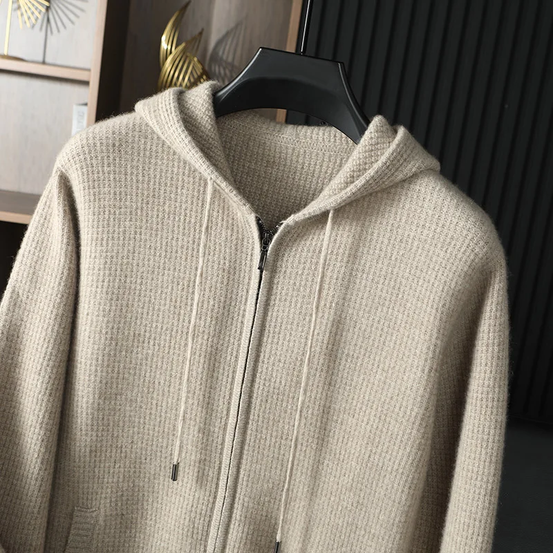 2025 High-End Men's 100% Pure Cashmere Cardigan Hooded Zipper Sweater Autumn Winter New Simple Casual Versatile Warm Coat