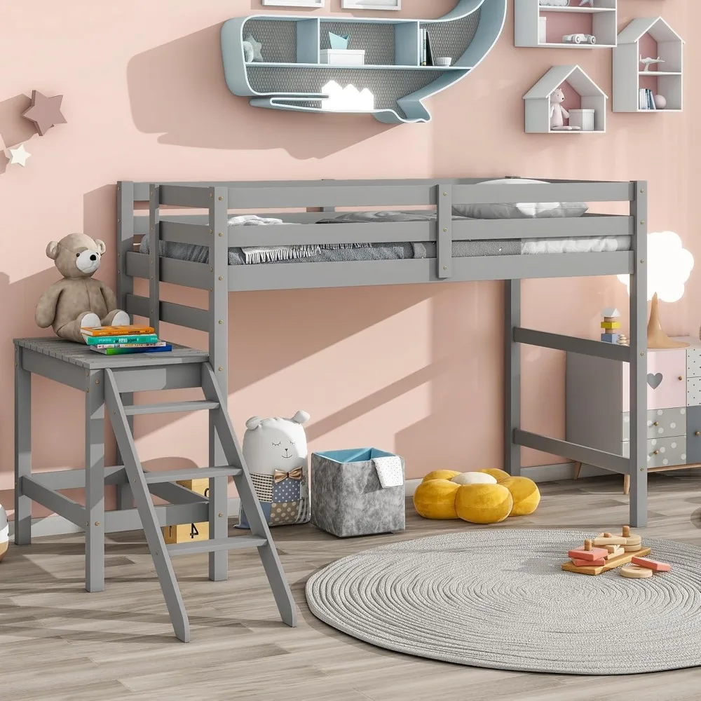 Lit loft bas pour enfants, lit loft en bois massif avec plate-forme et échelle, lit loft peu encombrant pour adolescents, filles et garçons jumeaux, gris