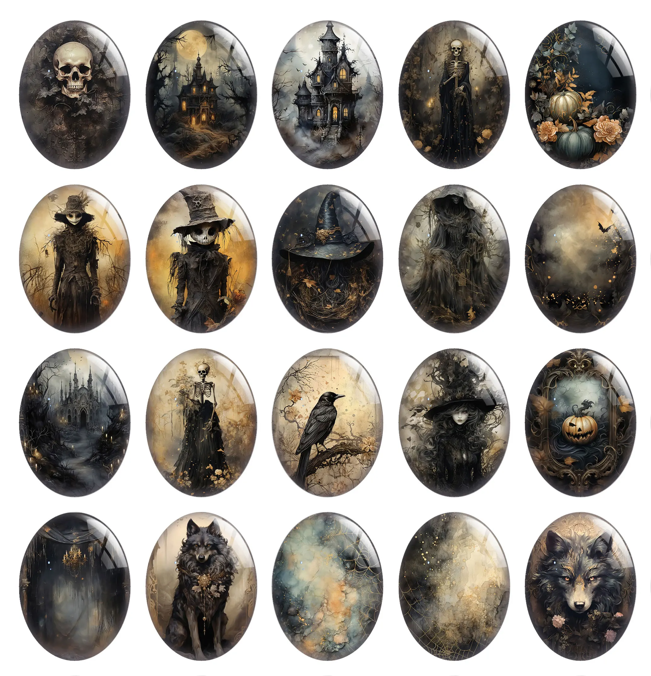 10pcs/lot Halloween Horror Gothic Dark Scarecrow Skull Raven Oval Photo Glass Cabochon Flatback Demo Cameo Diy Jewelry Making