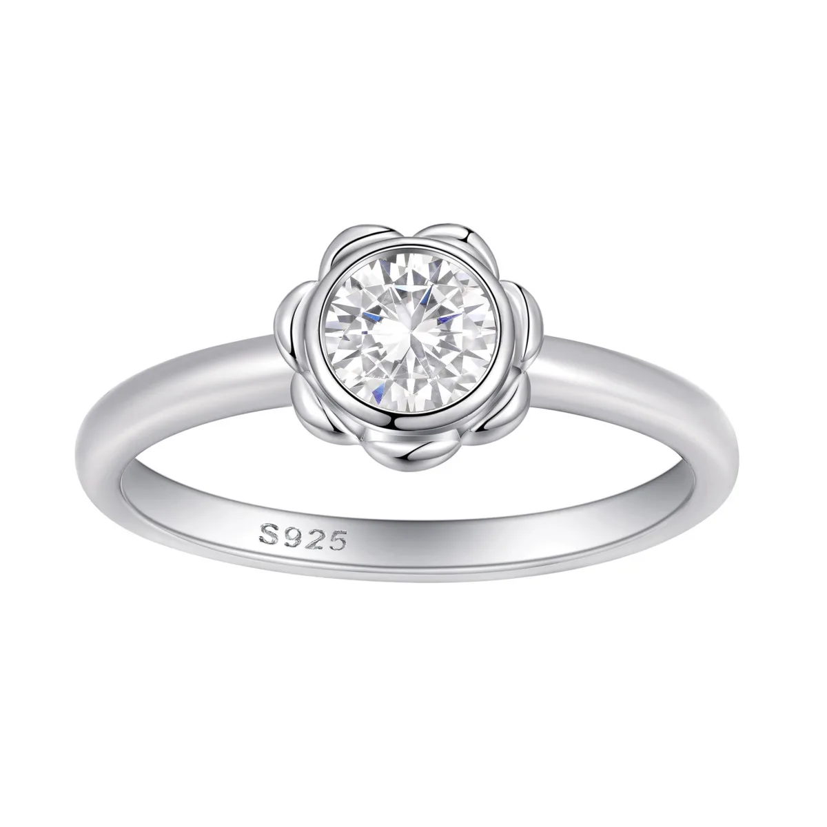 0.5CT Round Zircon Floral Bezel Solitaire Ring S925 Sterling Silver Minimalist Thin Band Daily Stacking Fine Jewelry Accessory
