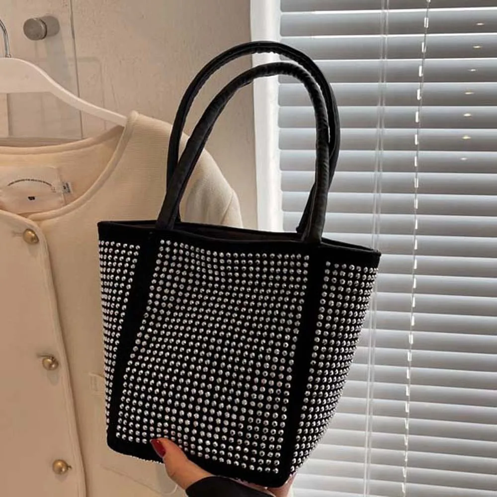 Fashion Elegant Bright Rhinestone Shoulder Bag PU Large Capacity Sparkling Square Bag Storage Pouch Silver Bucket Handbag Women