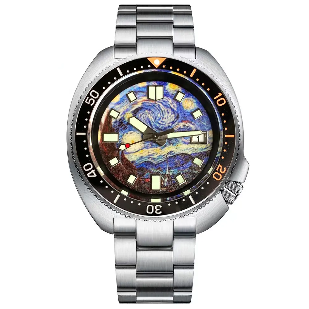 Tandorio Diver Retro, pintura al óleo de 44mm, esfera luminosa verde cielo estrellado, cristal de zafiro, 200m, impermeable, NH35A, relojes automáticos