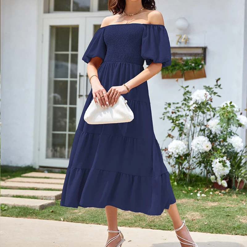 الصلبة المرأة الصيف فستان ماكسي الشارع الشهير ساحة الرقبة عارية الذراعين نفخة الأكمام فستان الشاطئ مطوي قصيرة الأكمام فساتين طويلة