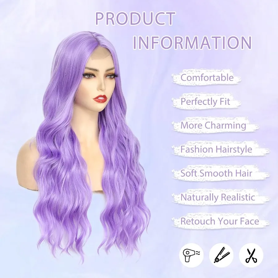 Longo roxo ondulado peruca para mulher 26 Polegada luz roxo parte média encaracolado peruca de cabelo sintético aparência natural fibra resistente ao calor para