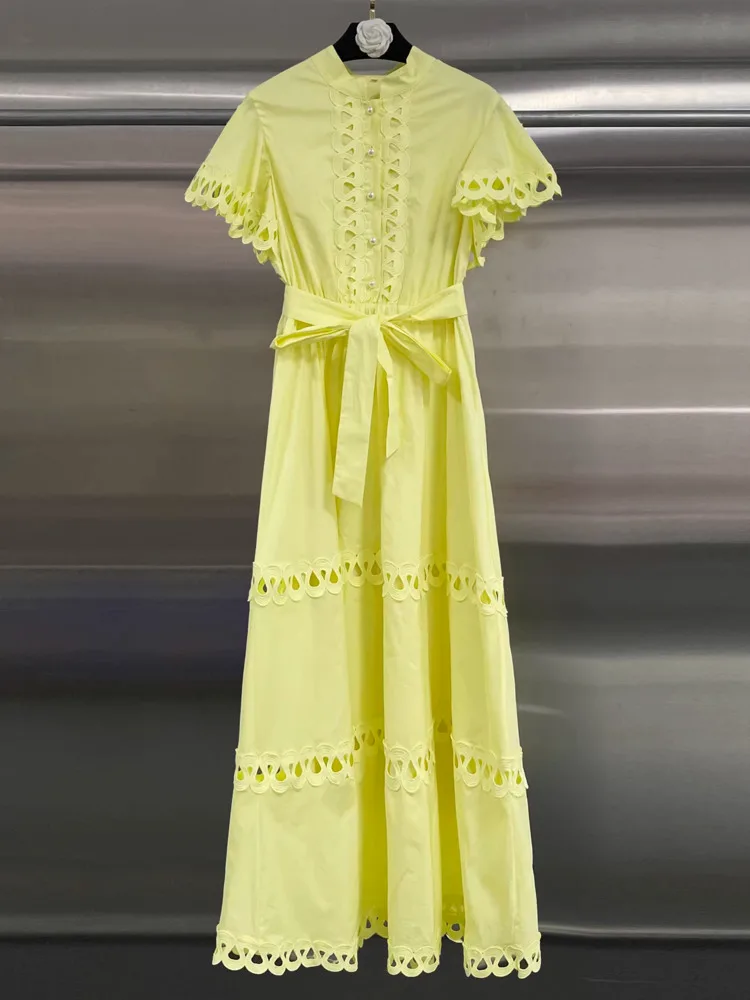 DFDG Women's Spring Summer Lime Green Cutout Embroidery Dress Short Sleeve Belted Maxi Casual Wear 2026 Trendy Feminine Dress