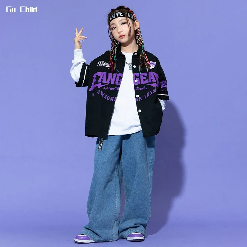 Boys Hip Hop Short Sleeve Shirt Baggy Jeans Girls Street Dance Jacket Loose Pants Clothes Set Kids Streetwear Child Jazz Costume