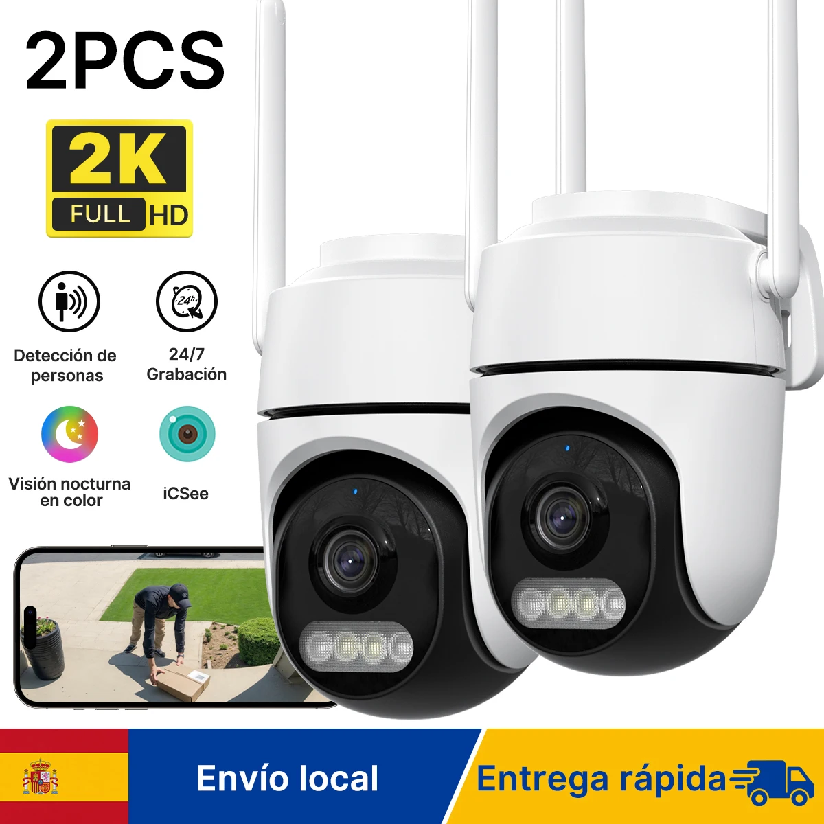 WONSDAR - 2 Cámaras WiFi Full HD, Cámara de Vigilancia para Mascotas, Audio Bidireccional, Monitor de Seguridad para Bebés, Aplicación ICsee