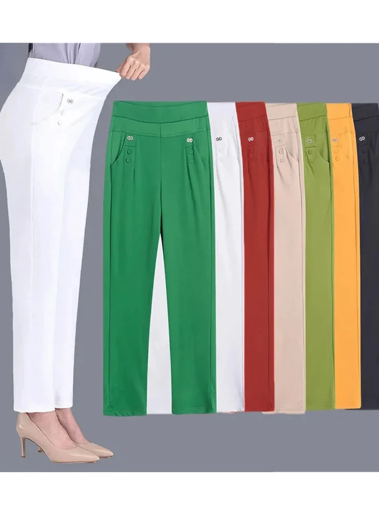 Plus Size Casual Women Elastic Basics Pencil Pants Straight Trousers OL Candy Colors High Waist Ankle-Length Pants Middle-aged