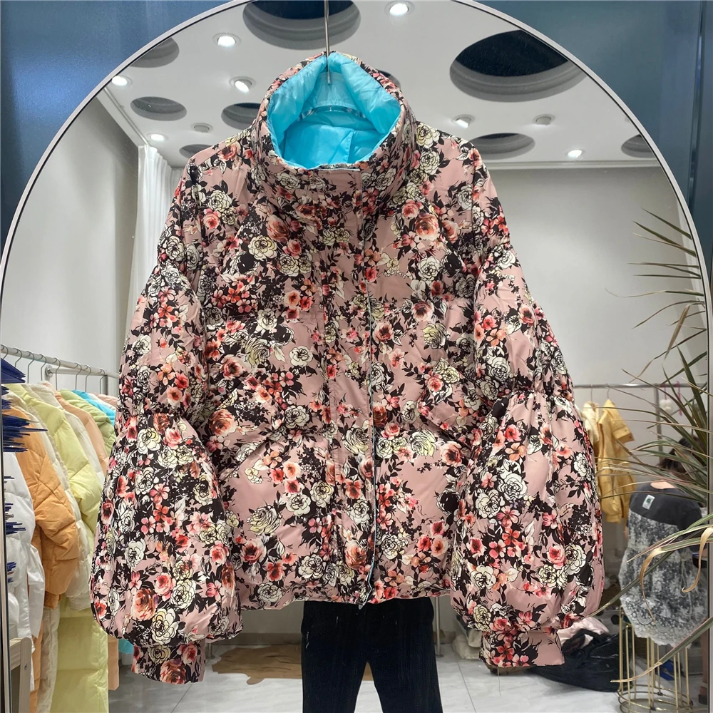 Winter New Short Down Jacket For Women Korean Stand Collar Fashion Vintage Floral Print Down Parka Female Puffer Coat Y3121