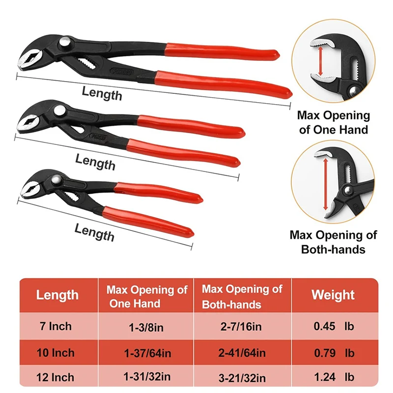 Water Pump Plier Adjustable 7/10/12 Inch Groove Joint Pliers with Teeth Design Plier Head Labor Saving V-Jaw Tongue Hand Tools