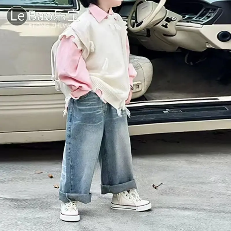 Fashion Toddle Boys Clothes Autumn Spring Knit Vest+Pink Shirt+Jean Pants 3Pcs Korean Version Kids Casual Handsome Clothes Suits