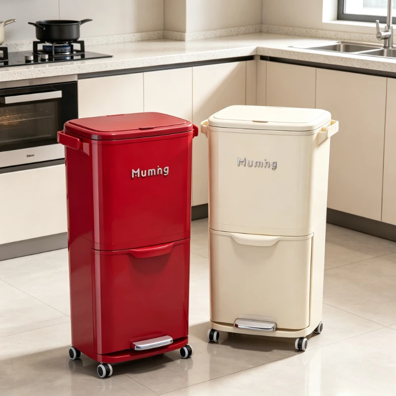 Kitchen Trash Can, Dry Wet Separation Double Layer Waste Bin with Lid, Large Capacity Floor Standing Garbage Can for Home Use