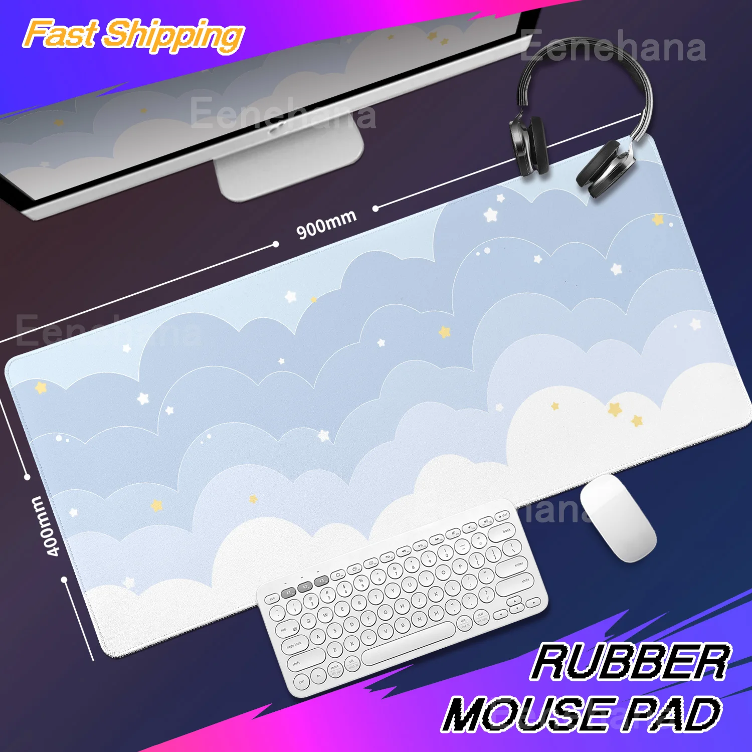 

Light Blue Pink Clouds Desk Mat Kawaii Purple Mouse Pad Cute Rubber Pad Extended Pad Gaming Keyboard Mats Large XXL Girl Carpet