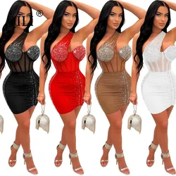 QILI-Women's One Shoulder Diamonds Sexy Mini Dress, Sleeveless, Warm Hip Sheath, Red, New