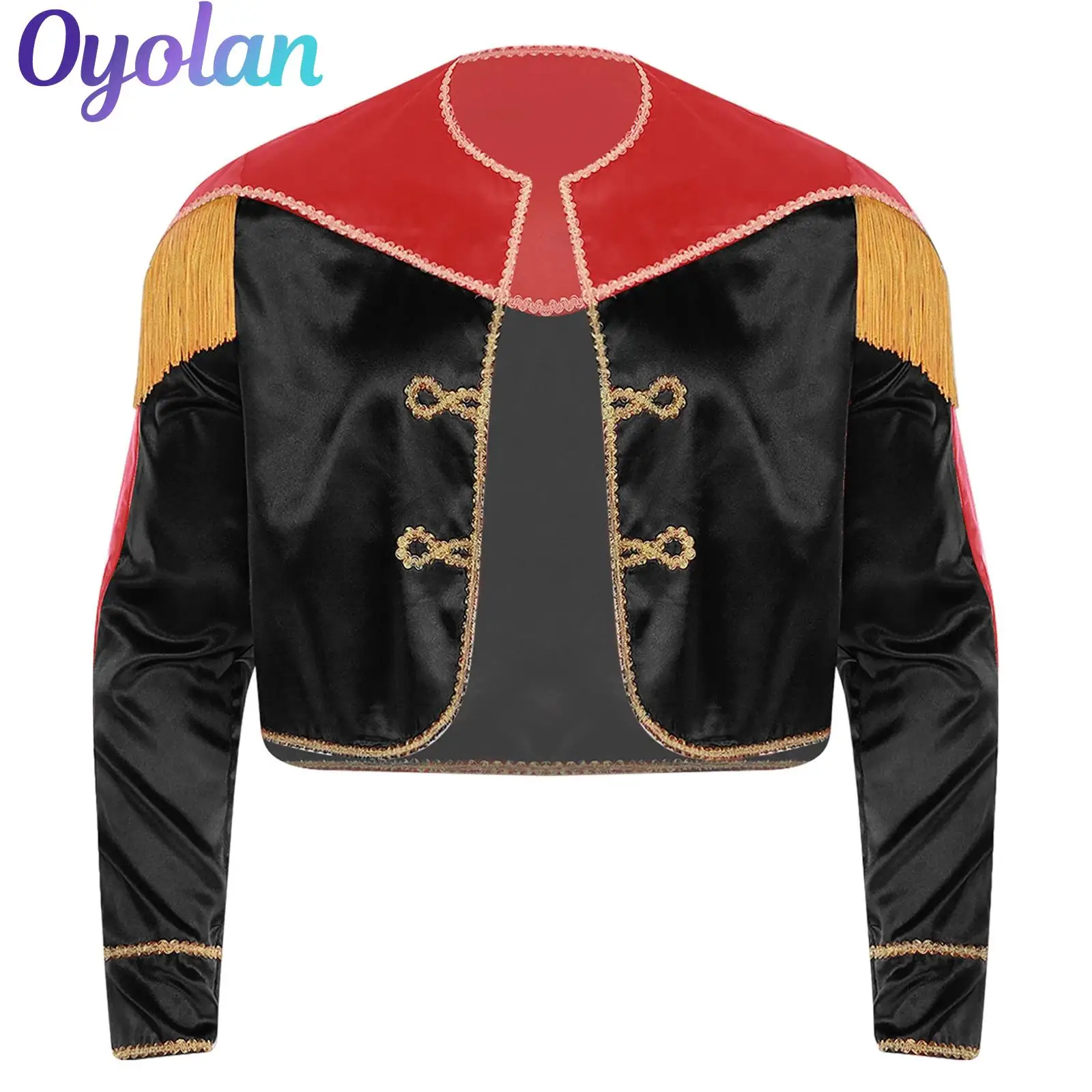 

Men Matador Tassels Satin Cropped Jacket Tops Spain Bullfighter Carnival Cosplay Costume Trumpet Drum Major Team Coat Tops