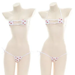 Lolita Kawaii Strawberry Bandage Hollow Out Sexy Lingerie Mini Bikini Cosplay Costumes Bra Women Underwear Swimsuit Set