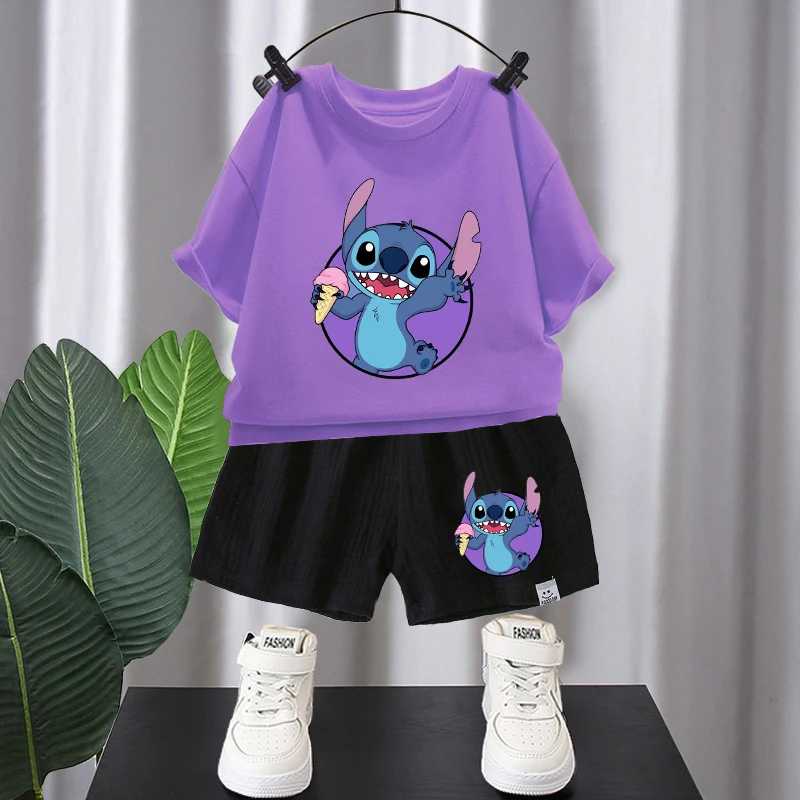 Kawaii ścieg dziewczyna dres Cartoon letnie ubrania dla dzieci zestaw słodkie nadruki dzieci odzież stroje T-Shirt dla dzieci + 2 spodenki