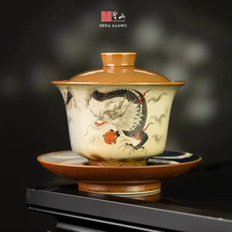 Firewood-Fired Kiln Turned Into Hand-Painted Dragon-Patterned Large Gaiwan, Jingdezhen Kung Fu Set, Ceramic Three-Piece Gaiwan