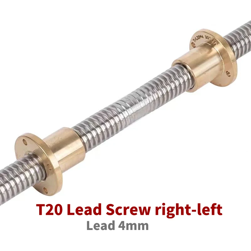 1PC 304 stainless steel  T20 Lead Screw right-left length100-1000mm Lead 4mm with Nuts Brass H Flange Nut for 3D Printer part