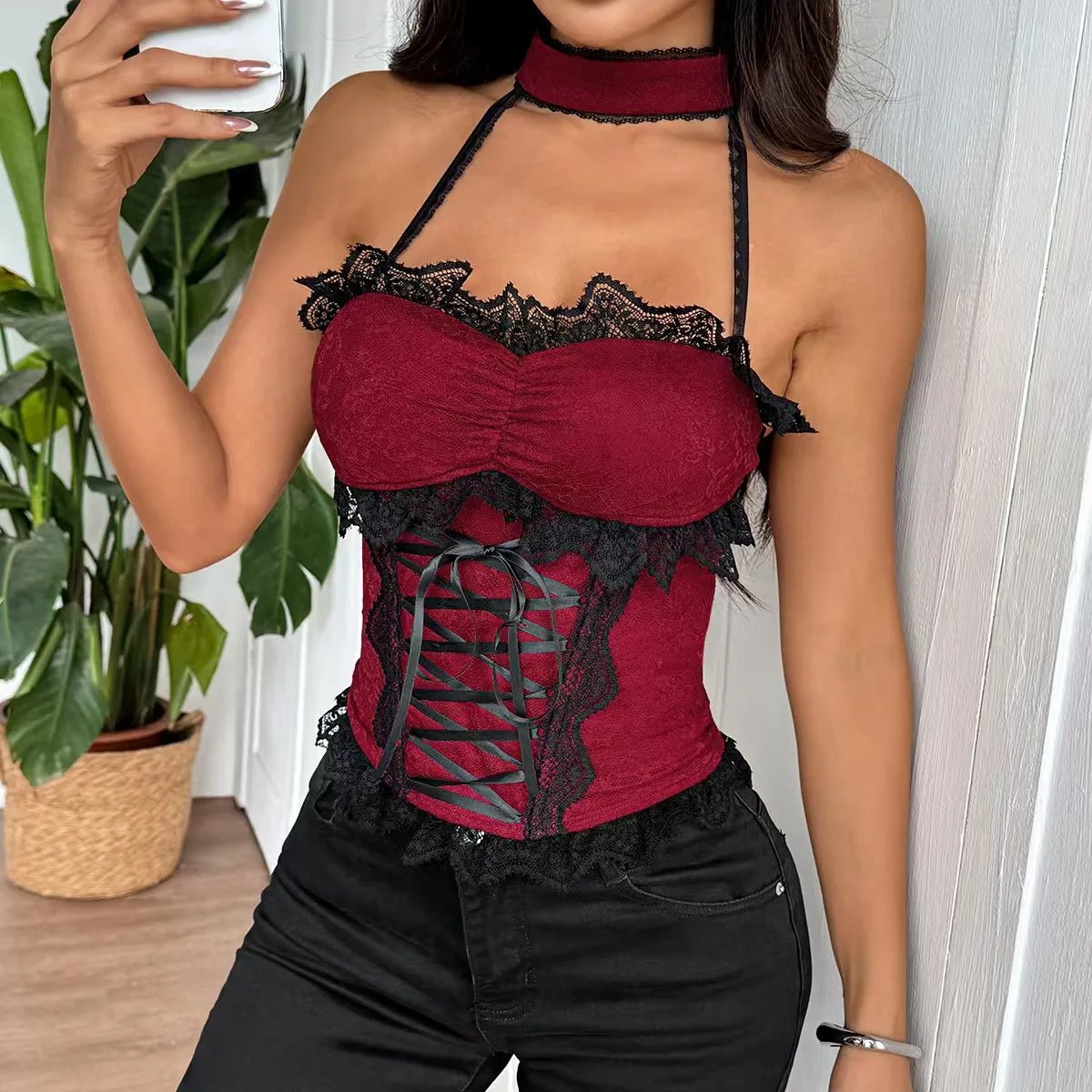 French sexy lace rope halter neck open back fishbone chest pure cotton tube top retro elegant temperament fishbone bra