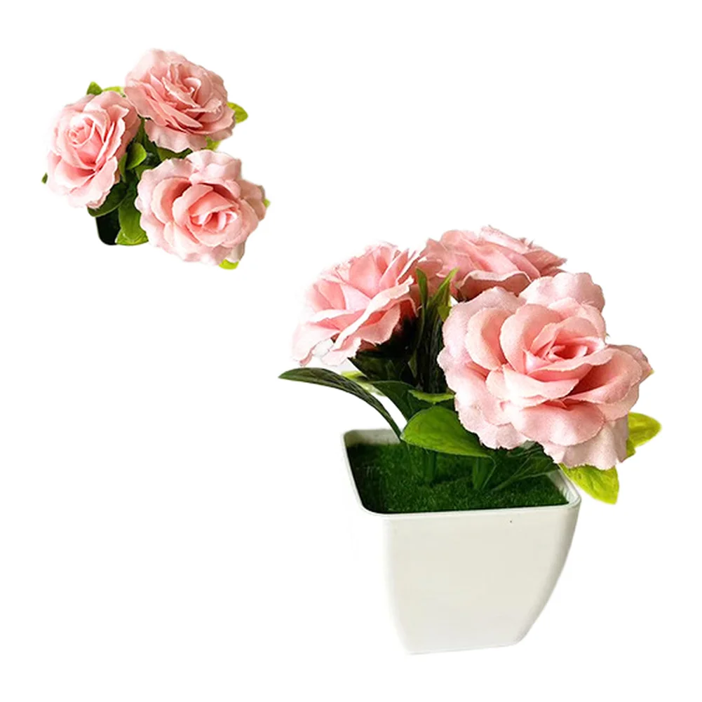 White Square Pot Artificial Plant with Three Lifelike Roses and Natural Looking Greenery for Contemporary For Home Decor