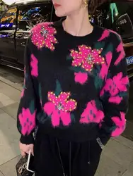 Luxury 2024 New Autumn Winter Vintage Women Diamonds Beading Mohair Knitted Sweater Print Flower Thick Loose Pullovers N153