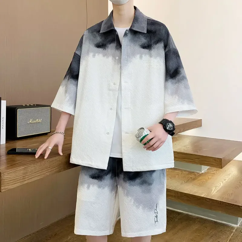 Male Large Size Versatile Suit Summer Shirt Set Handsome Small Fragrant Style Elbow Sleeve T-shirt Shorts Style Trendy