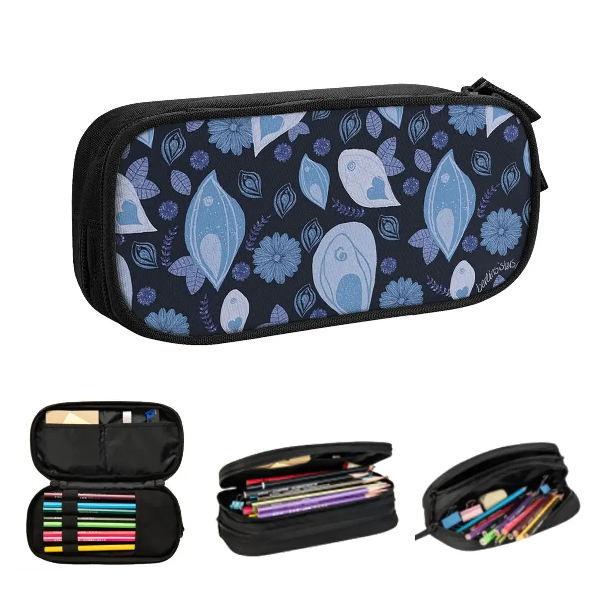 

Blue Vulva Flower Pattern Pencil Cases for Students Gifts Pen Box Pencil Bag Big Capacity Pencil Pouch Storage Stationery