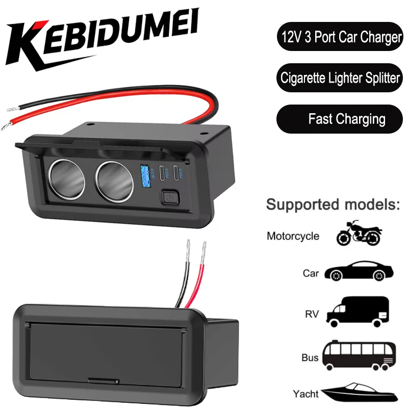 Novo 12v qc3.0 & duplo pd3.0 carregador de carro adaptador de alimentação tomada isqueiro multi tomada com interruptor para carro marinho rv