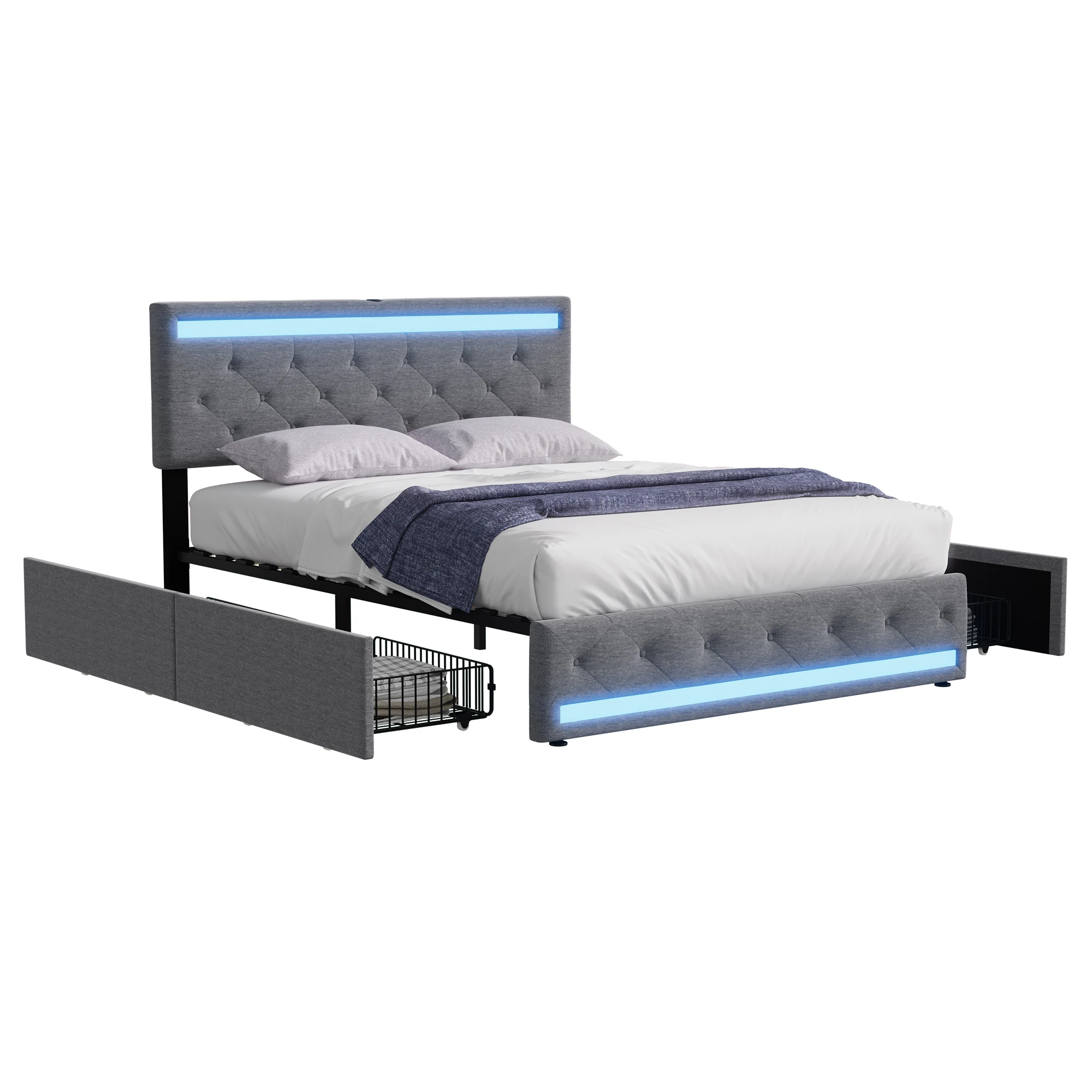 Doppelbett, 180x200 cm, mit LED-Beleuchtung, 4 Rollschubladen und USB-Ladeanschlüssen, Gepolstertes Bett mit Stauraum