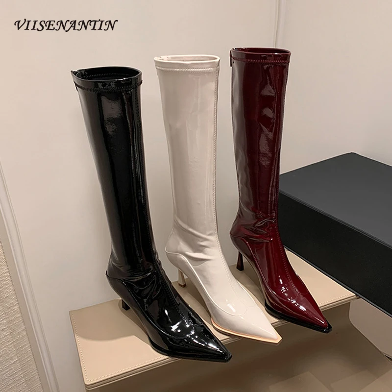 Sexy Pointed Toe Stiletto Knee High Boot Women Wine Red Black Stretch Slim Back Zipper Fashion Long Boot Women Party Dress Shoes