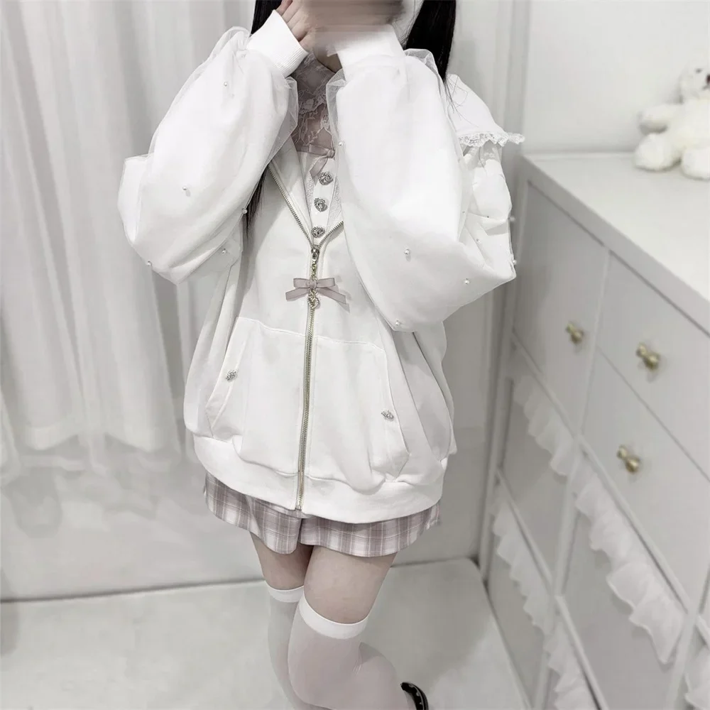 2025 Spring Sweet Cute Japanese Mine Loose Zipper Hoodie Coat Bunny Ears Hooded Lace-up Bow Pearl Decorative Long Sleeve