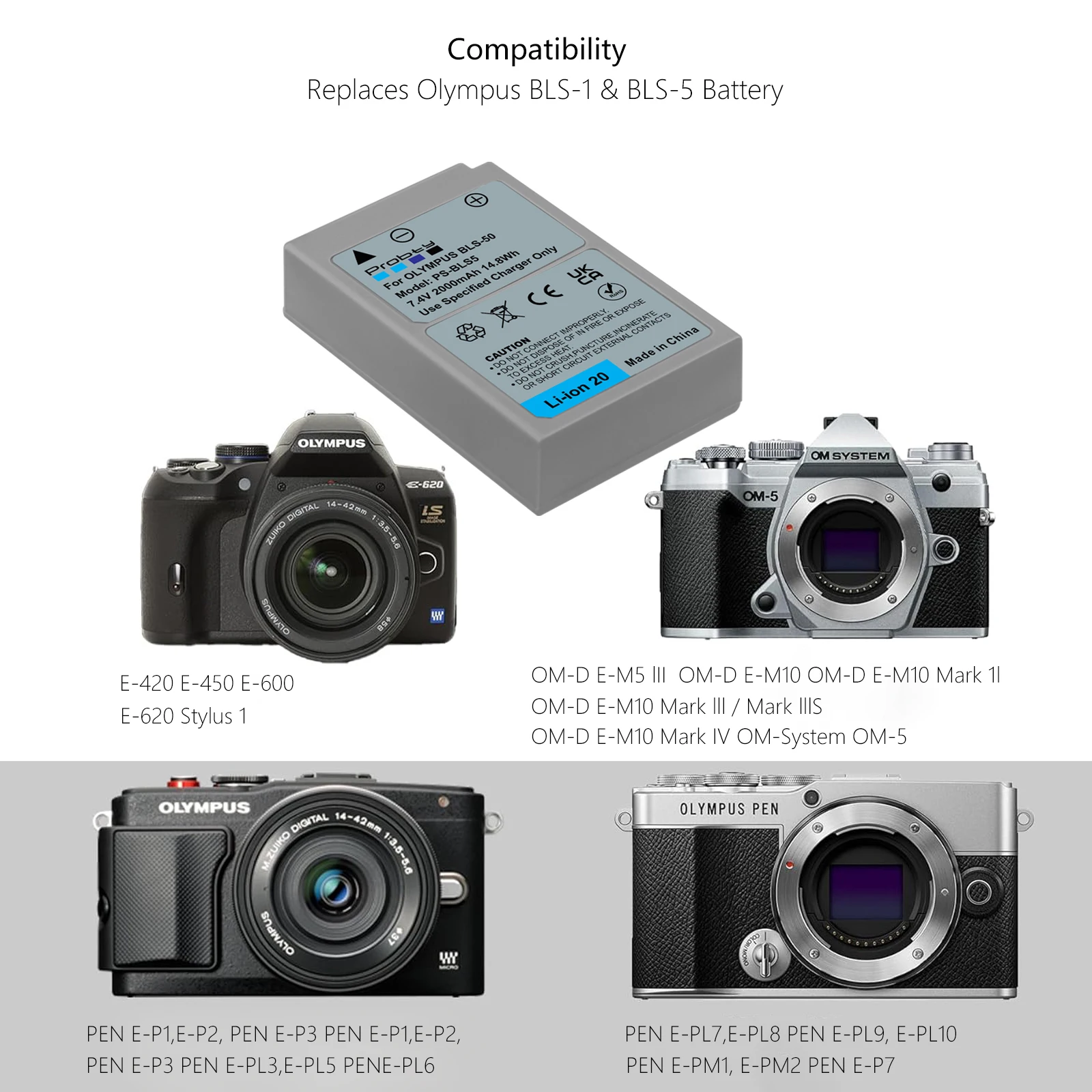 Probty BLS-5 BLS-50 PS-BLS5 BLS-1 PS-BLS1 Baterai untuk Olympus E-420 E-450 E-600 E-620 Pena E-P1 E-P2 E-P3 E-PL1 E-PL3 E-PM1